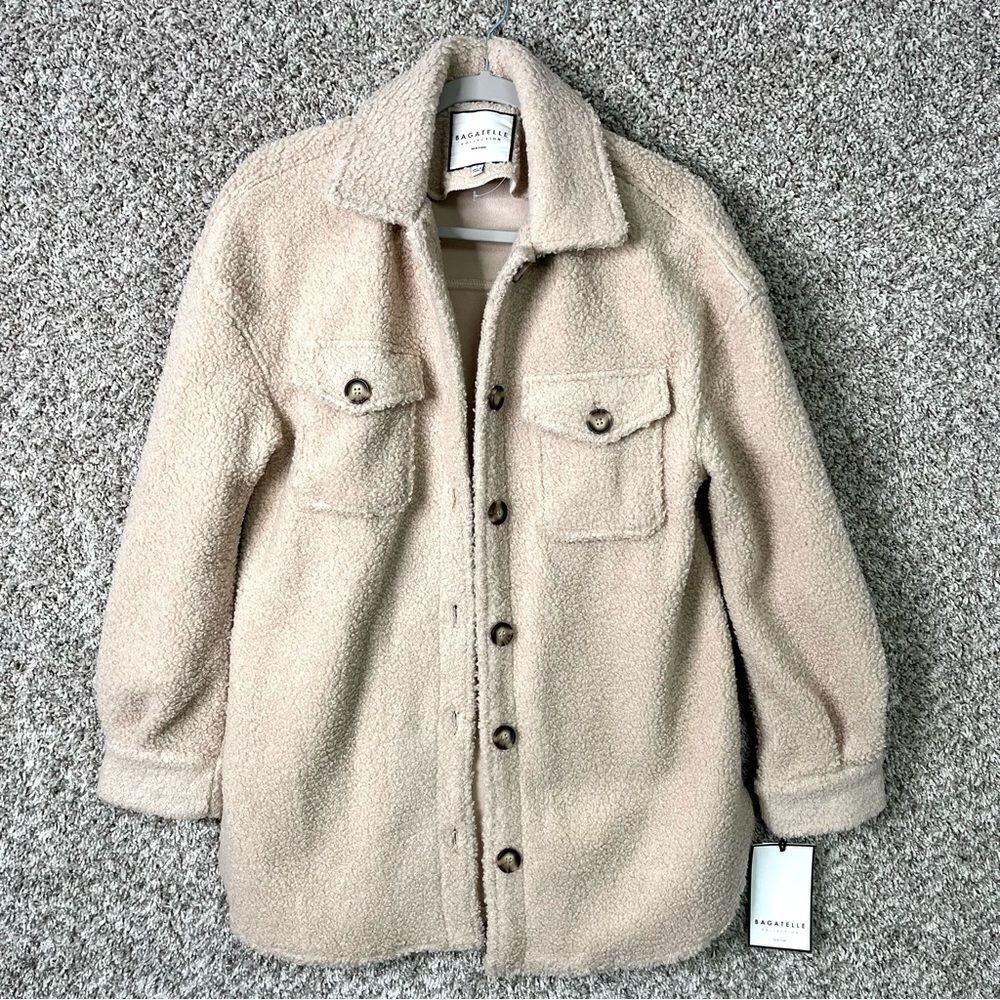Bagatelle Jacket Women’s Small Ivory Tan Sherpa Fleece Button Down Shacket NWT